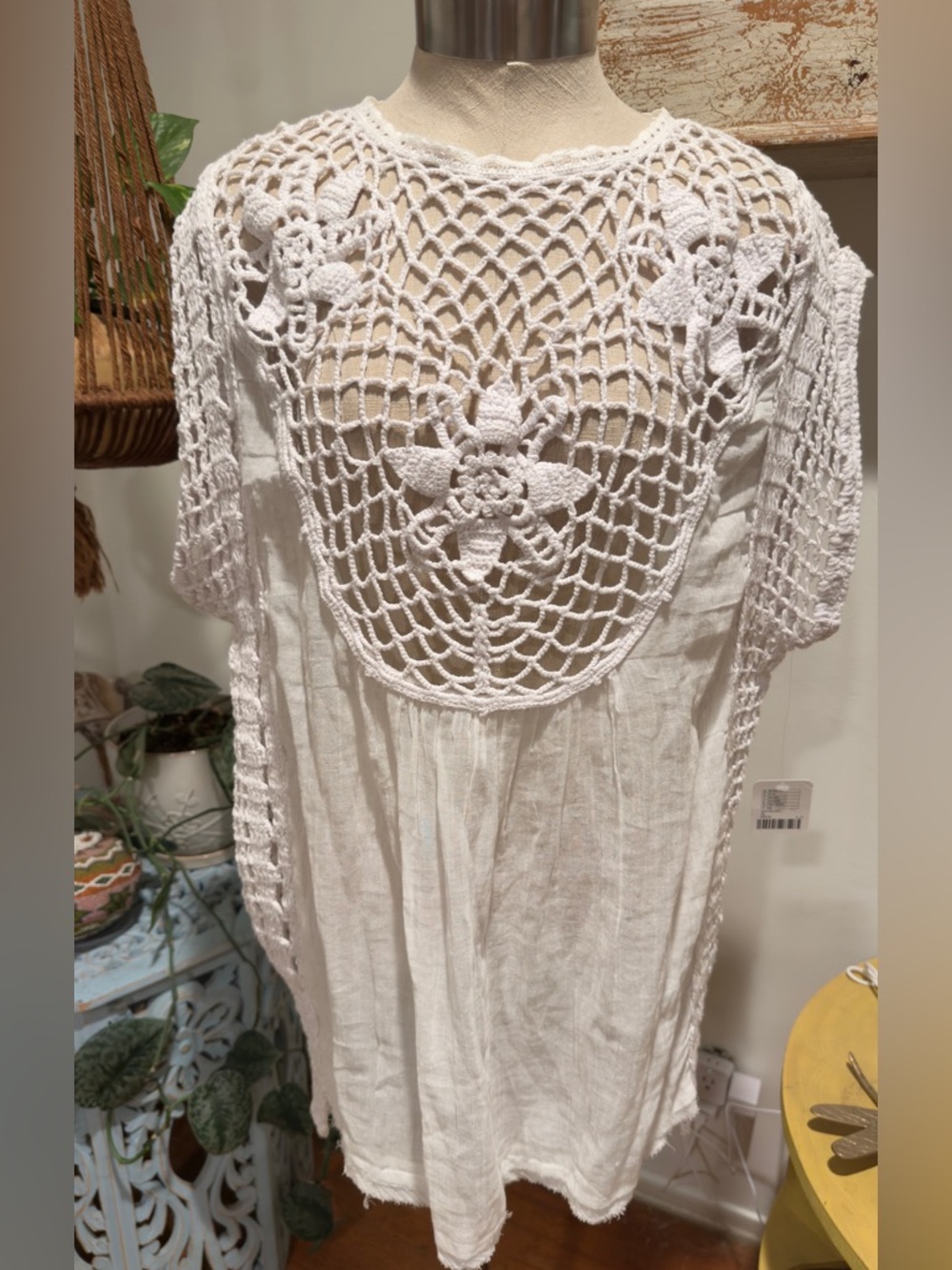 Free People White Crochet Floral Yoke Tunic